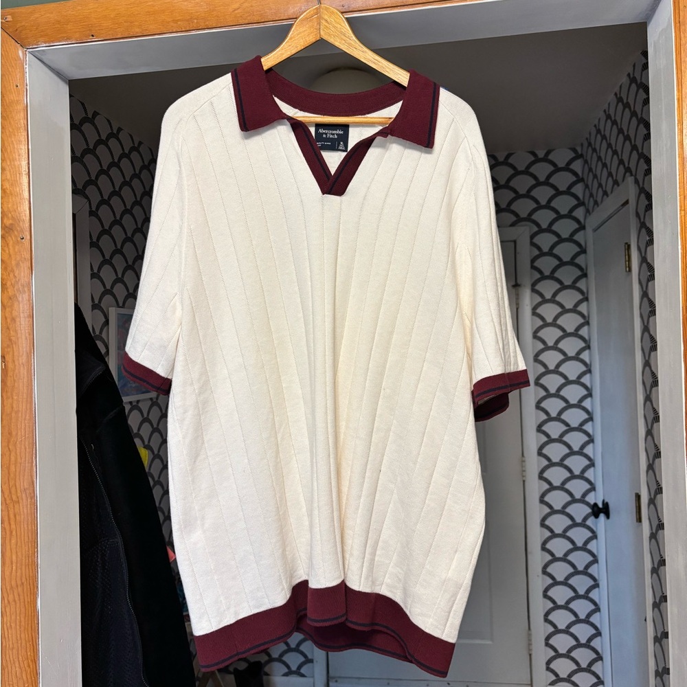Tommy Hilfiger Cream and Burgundy Knit Polo